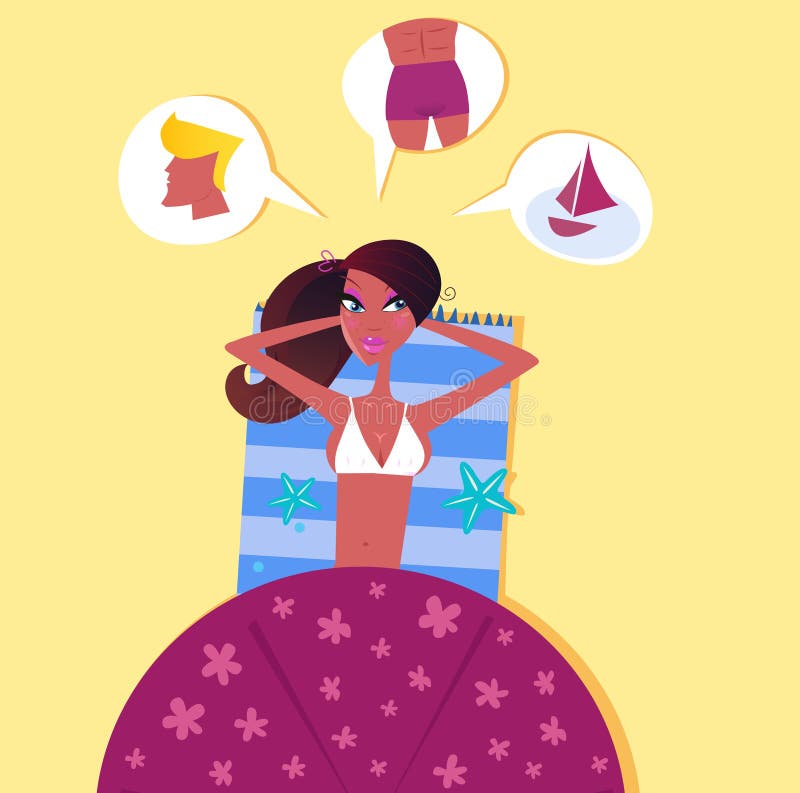 Donna sulla spiaggia che sogna dell'uomo perfetto illustrazione vettoriale