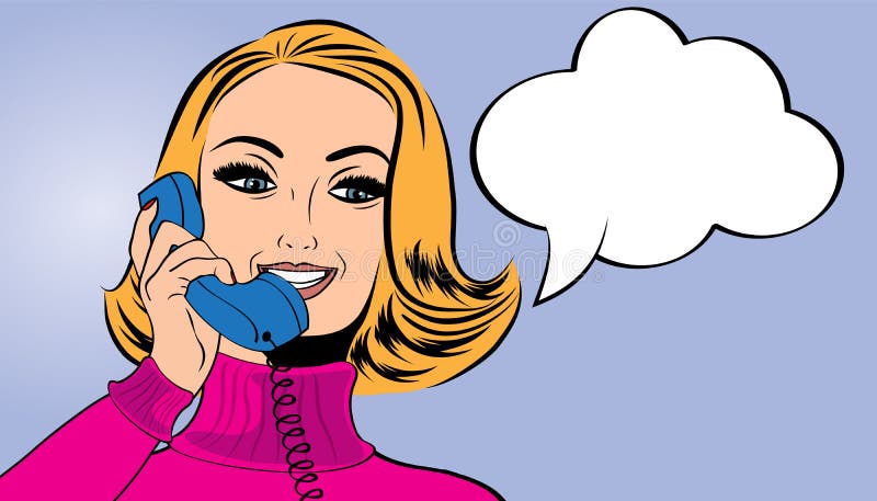 Donna sveglia di Pop art retro nello stile dei fumetti che parla sul telefono illustrazione vettoriale