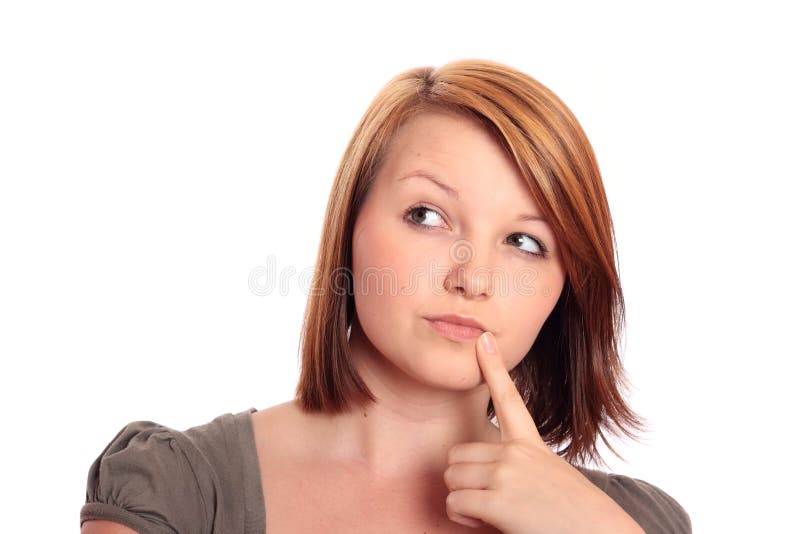 Donna usando graziosa nel pensiero immagini stock