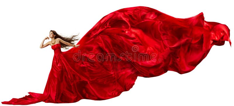 Donna in vestito rosso con il tessuto d'ondeggiamento di volo