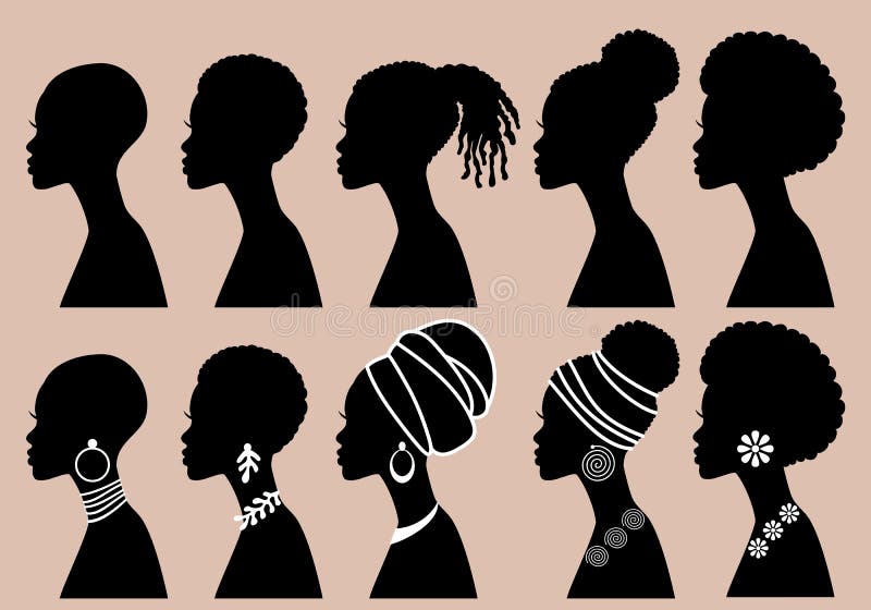 Donne africane di colore profilo silhouettes set vettoriale delle donne nere