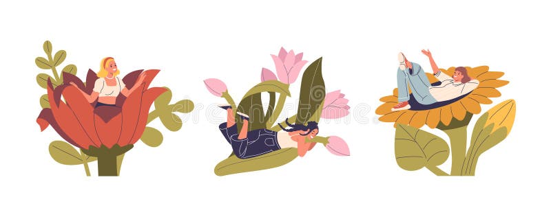 Donne che sorridono e posano con enormi fiori colorati. vibrante illustrazione raffigura gioia, bellezza e natura royalty illustrazione gratis