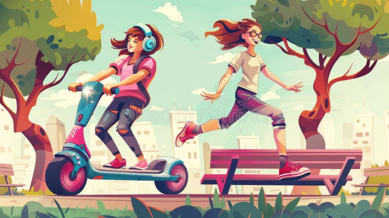 Women riding on personal electrical vehicles in a public garden. Modern cartoon illustration of summer landscape with trees, benches and women riding on personal electrical vehicles.. AI generated. Women riding on personal electrical vehicles in a public garden. Modern cartoon illustration of summer landscape with trees, benches and women riding on personal electrical vehicles.. AI generated