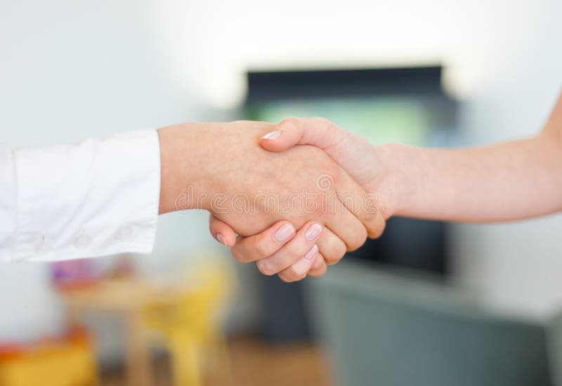 Two young business women shaking hands. Two young business women shaking hands