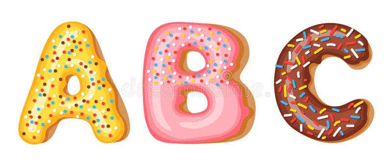 Donut, der obere letztere - A, B, C gefriert Guss von Schaumgummiringen Süßes Alphabet der Bäckerei Donutalphabetletztere, die EI