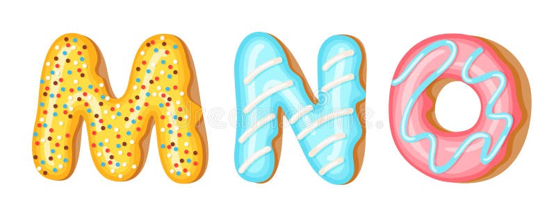Donut, der obere letztere - M, N, O gefriert Guss von Schaumgummiringen Süßes Alphabet der Bäckerei Donutalphabetletztere, die EI