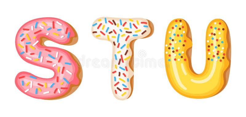 Donut, der obere letztere - S, T, U gefriert Guss von Schaumgummiringen Süßes Alphabet der Bäckerei Donutalphabetletztere, die EI