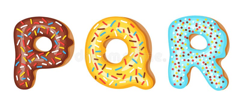 Donut icing upper latters - P, Q, R. Font of donuts. Bakery sweet alphabet. Donut alphabet latters A b C isolated on white background, vector illustration