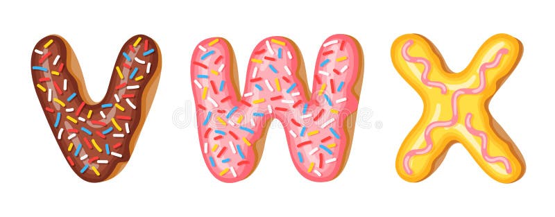 Donut icing upper latters - V, W, X. Font of donuts. Bakery sweet alphabet. Donut alphabet latters A b C isolated on royalty free illustration Donut icing upper latters - V, W, X. Font of donuts. Bakery sweet alphabet. Donut alphabet latters A b C isolated on royalty free illustration