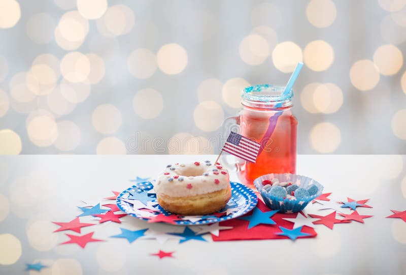 Donut with juice and candies on independence day