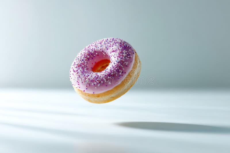 Donut Levitating Above a Clean White Surface Creating Soft Shadows in Bright Lighting During Morning Hours vector illustration