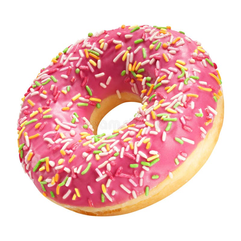 Donut mit korallenroter Farbglasur und buntes besprüht lokalisiert auf weißem Hintergrund Ein runder rosa Donut stockfoto