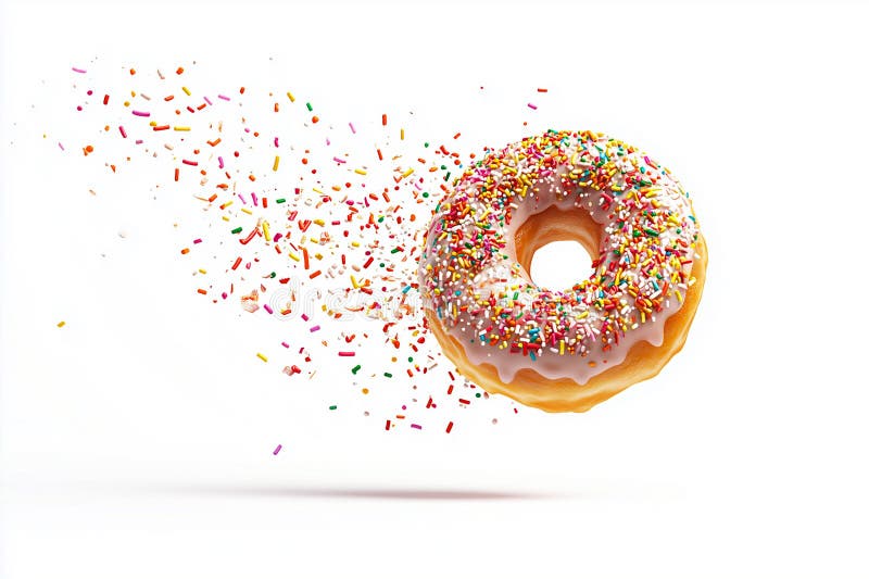 Donut rund Pink Donut dekoriert farbenfrohe Sprinkles Flying Frosted Sprinklerweißer Hintergrund Isolated Background. stockfotografie