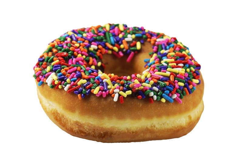 A donut with colorful sprinkles, isolated on white. A donut with colorful sprinkles, isolated on white