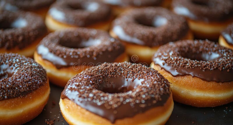 Donuts de chocolate recién horneados con rociadores coloridos expuestos en una superficie de madera foto de archivo libre de regalías