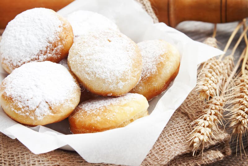 Donuts homemade with powdered sugar royalty free stock photography