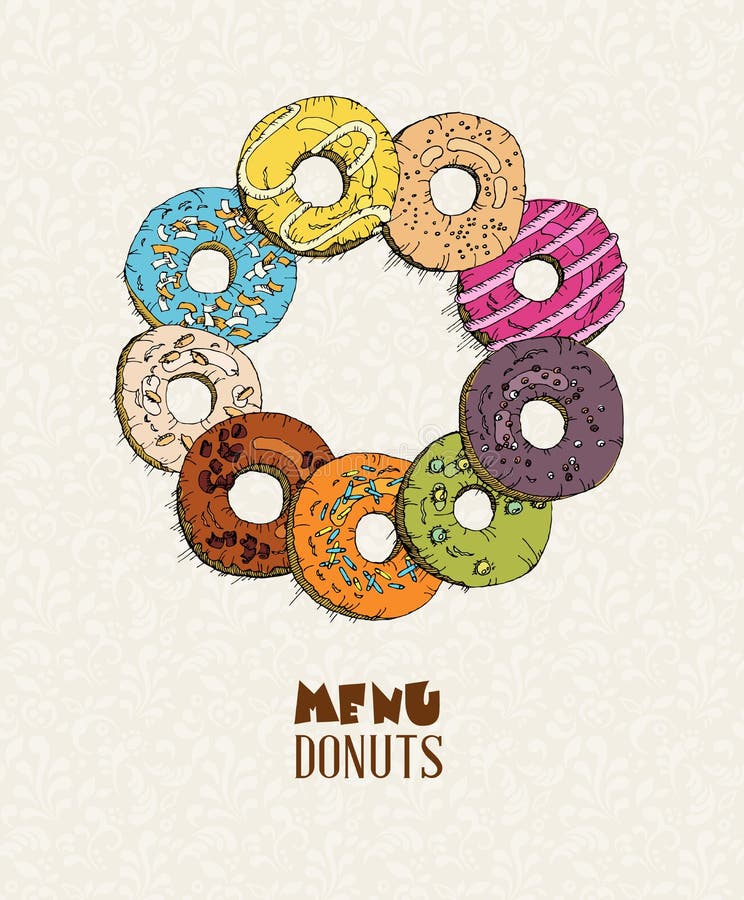 Donuts Set. Menu in Doodle Design. Vintage Style. Stock Vector ...