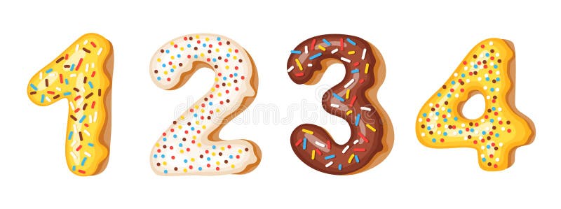 Donutzuckerglasur-Zahlstellen - 1, 2, 3, 4 Guss von Schaumgummiringen Süßes Alphabet der Bäckerei Donutalphabetletztere, die EIN