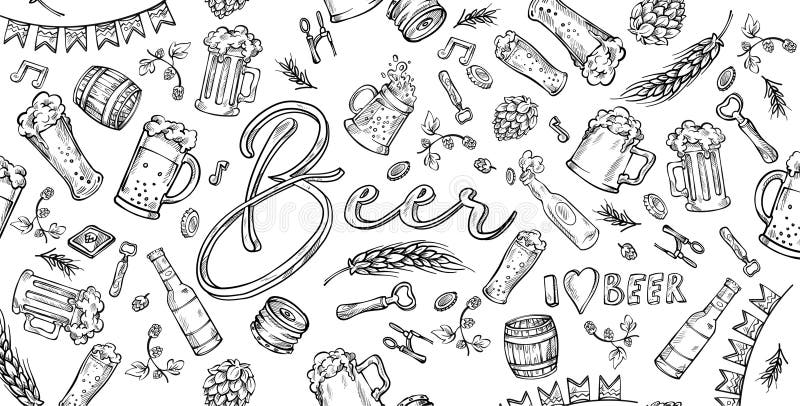 Doodle beer horizontal banner. Hand drawn pub elements vector illustration