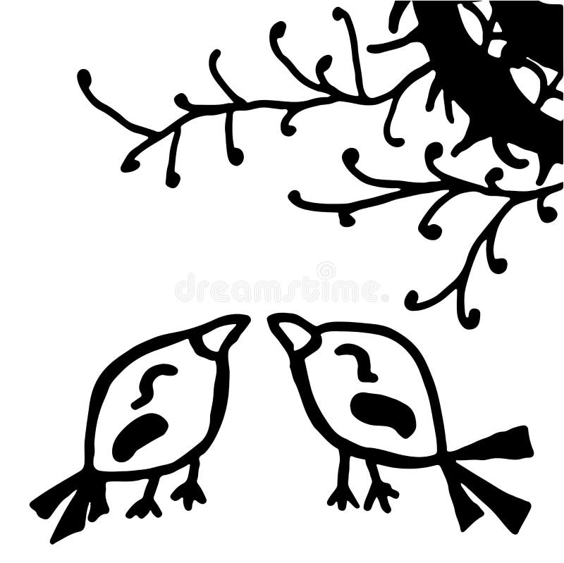 Abstract Couple Birds On Branch Line Art Illustration Decoration Design