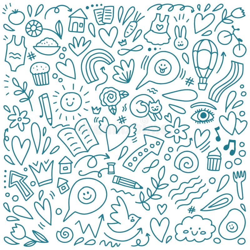 Doodle Blue Different Objects Cute Set Vector Stock Vector
