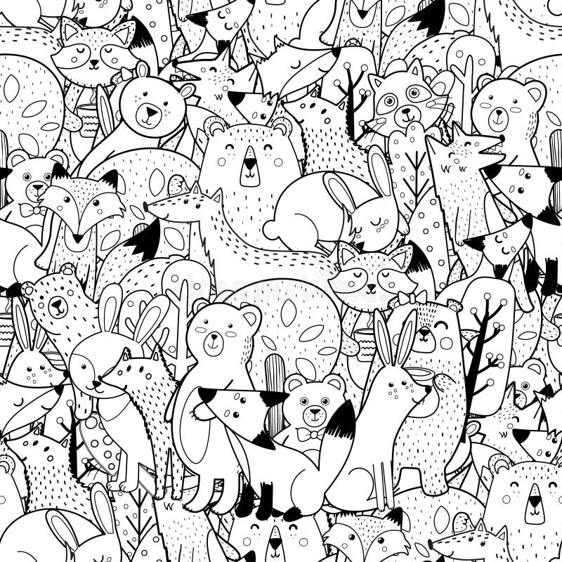 Doodle bosque animales blanco y negro patrón sin costuras. divertida página para colorear
