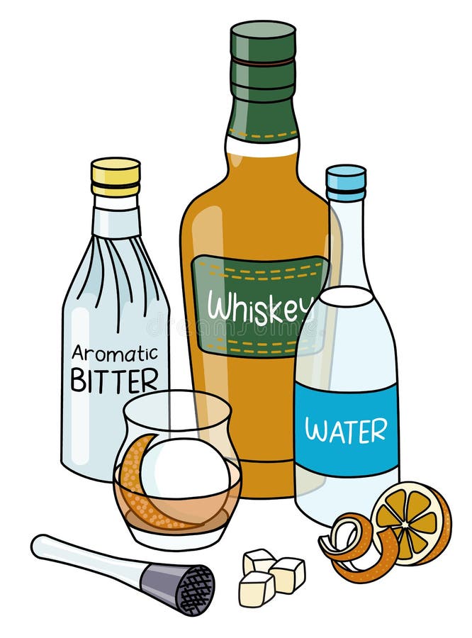 Doodle cartoon Old Fashioned cocktail and ingredients composition. Bottles of whiskey and still water, orange fruit