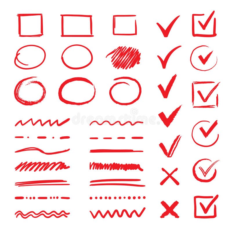 Doodle check marks and underlines. Hand drawn red strokes and pen V marks for list items. Vector marker check signs and vector illustration