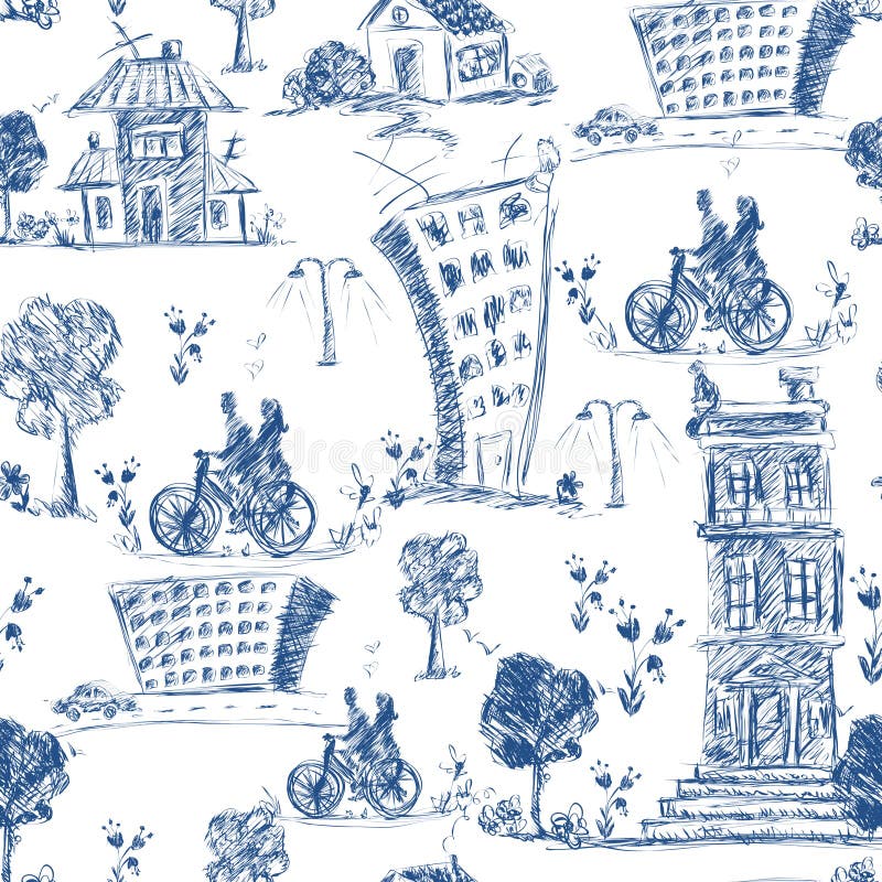 Doodle city blue sketch seamless pattern with buildings trees and bicyclists vector illustration. Doodle city blue sketch seamless pattern with buildings trees and bicyclists vector illustration.