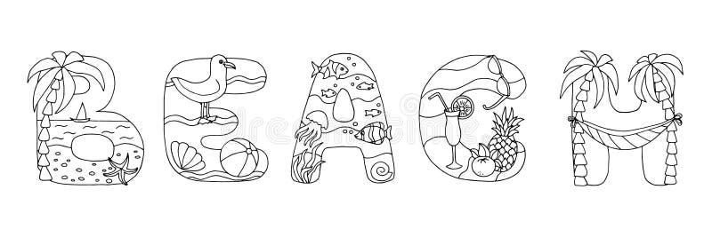 Doodle Coloring Page Word Beach Stock Illustration Illustration Of Ocean Book 151935578
