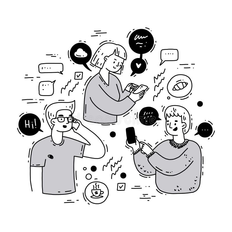 Doodle Composition with People and Gadgets. Outline Vector Illustration ...