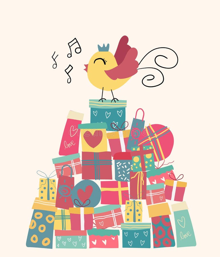 Doodle cute bird on present boxes mountain royalty free illustration Doodle cute bird on present boxes mountain royalty free illustration