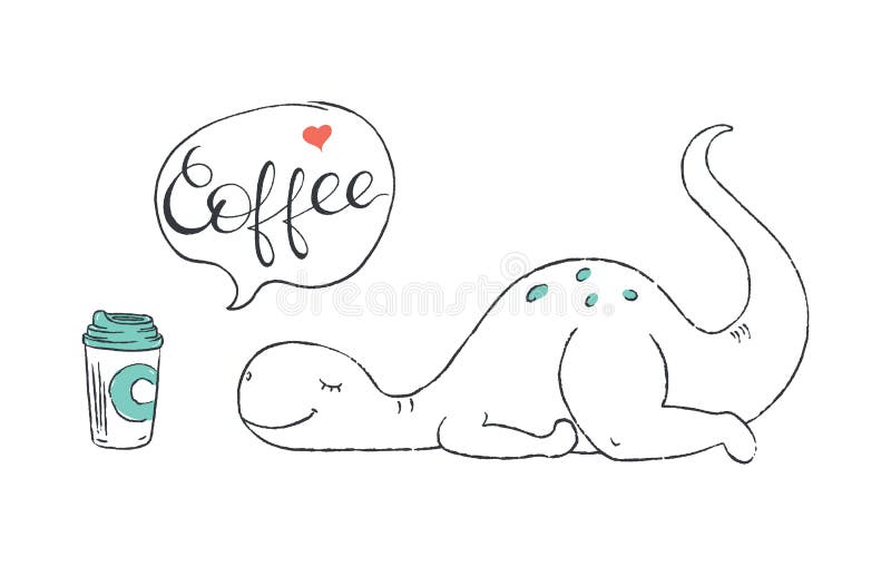 A Doodle of Cute Dinosaur Exhausted and Wishing for More Coffee Stock