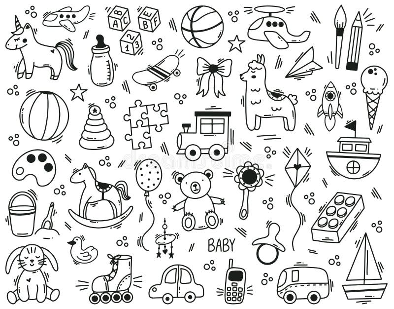 Doodle Cute Kids Toys Hand Drawn Elements. Kindergarten Funny Children ...