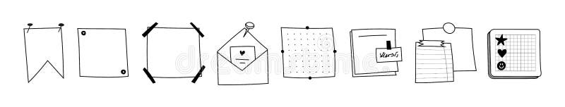 Doodle de memo dibujado a mano. hojas cuadradas en blanco de papel de nota. un conjunto de papel de sobre diferente con clips de p