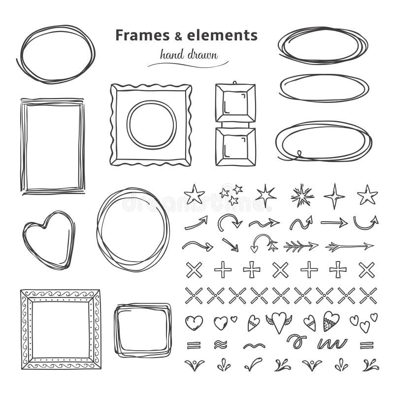Doodle frames and elements. Hand drawn square round line frames, pencil sketch circle borders. Vector headline marker stock illustration Doodle frames and elements. Hand drawn square round line frames, pencil sketch circle borders. Vector headline marker stock illustration