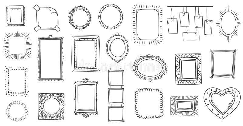 Doodle frames. Hand drawn frame, square borders sketched doodles and picture frame drawing sketch isolated vector