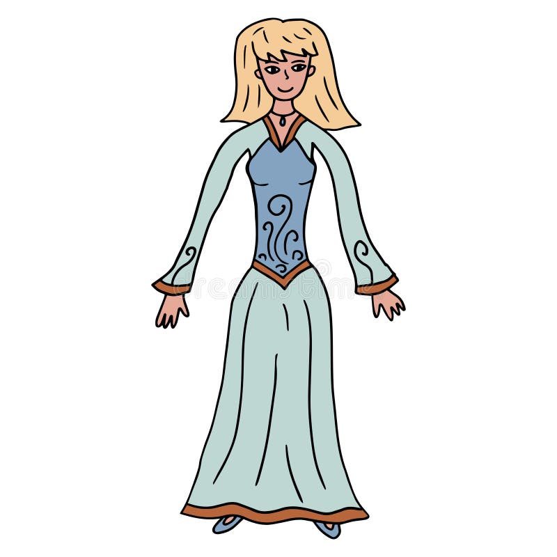 Doodle glückliche junge Dame in historischem Kleid isoliert auf weißem Hintergrund. Hippie- oder Boho-Kleid