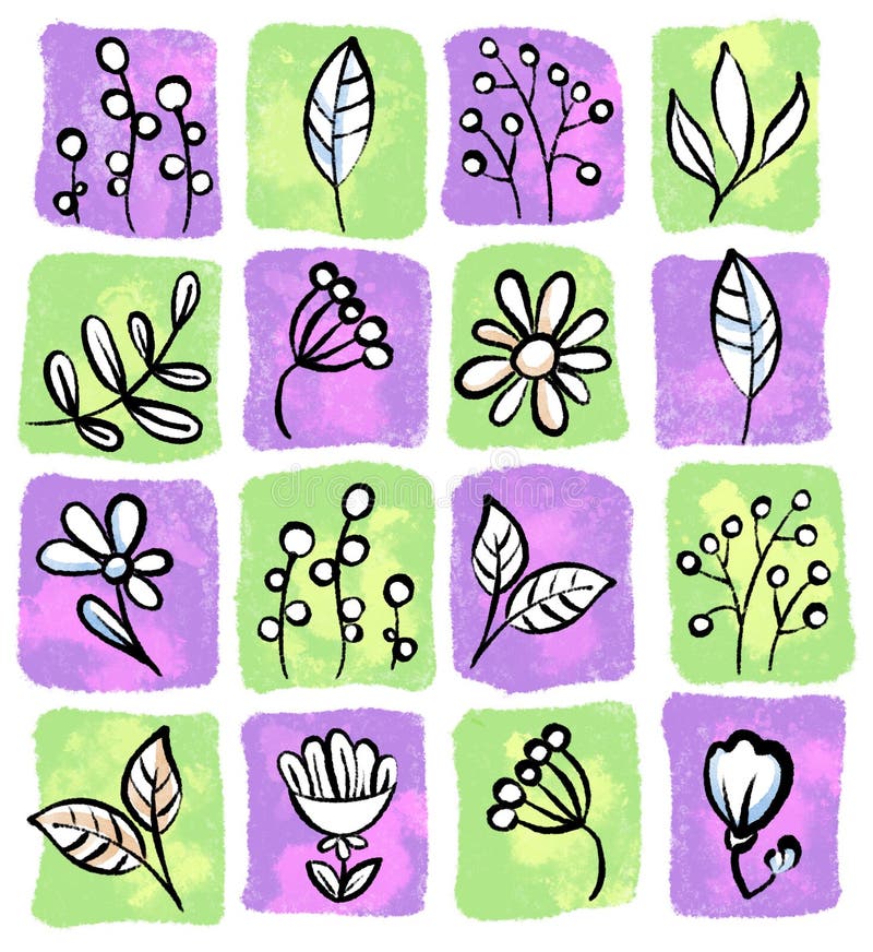 Doodle green and lilac abstract hand drawn flowers stock illustration