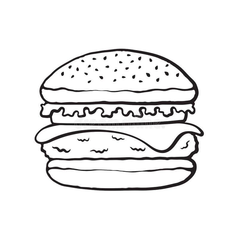 Doodle of hamburger with cheese, tomato and salad