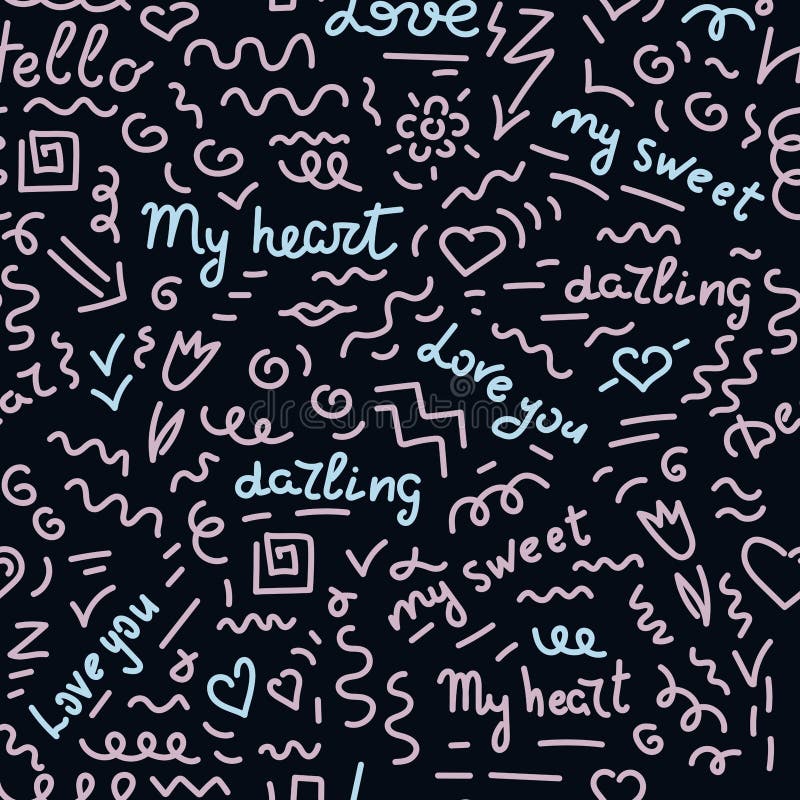 Doodle hand drawing seamless pattern on dark background . Pink and blue Words, phrases of love in Spanish vector illustration Doodle hand drawing seamless pattern on dark background . Pink and blue Words, phrases of love in Spanish vector illustration