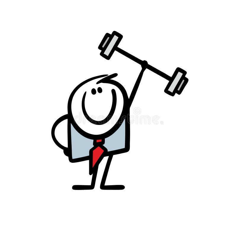 Doodle hand drawn businessman man easily lifted a heavy barbell with one hand. Vector illustration of a man in a vector illustration