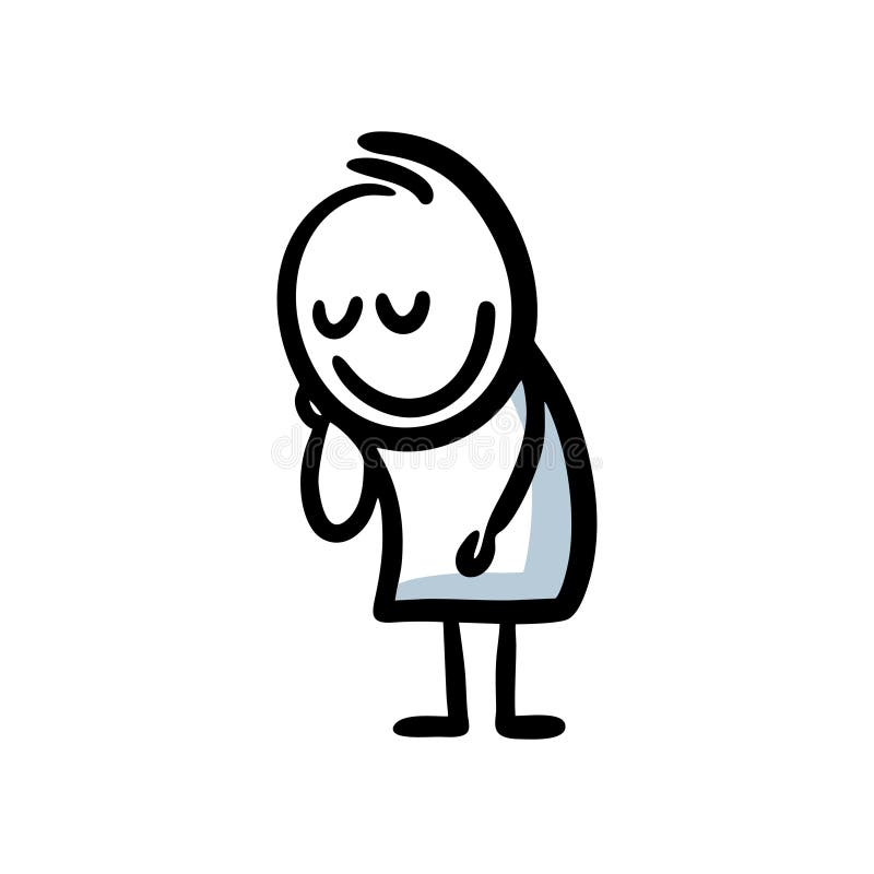 Doodle hand drawn cartoon person lowers the head with shy smile. royalty free illustration