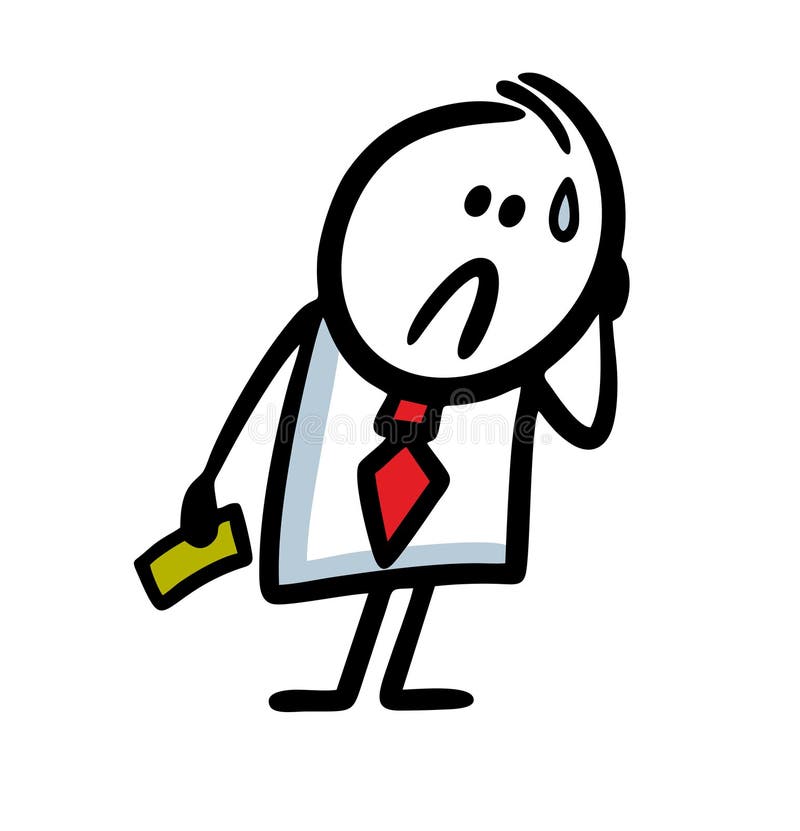 Doodle hand drawn frustrated young businessman is sad and thinks about lost money and a failed business. royalty free illustration