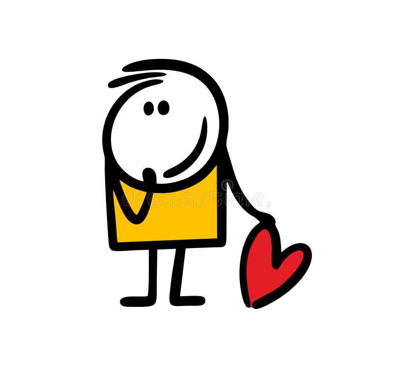 Doodle hand drawn humble boy with red heart. vector illustration