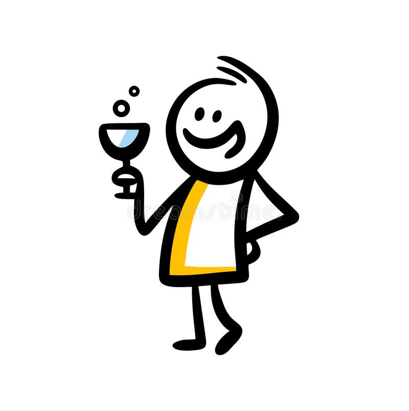 Doodle hand drawn illustration of drunk character with wineglass in his hand. royalty free illustration