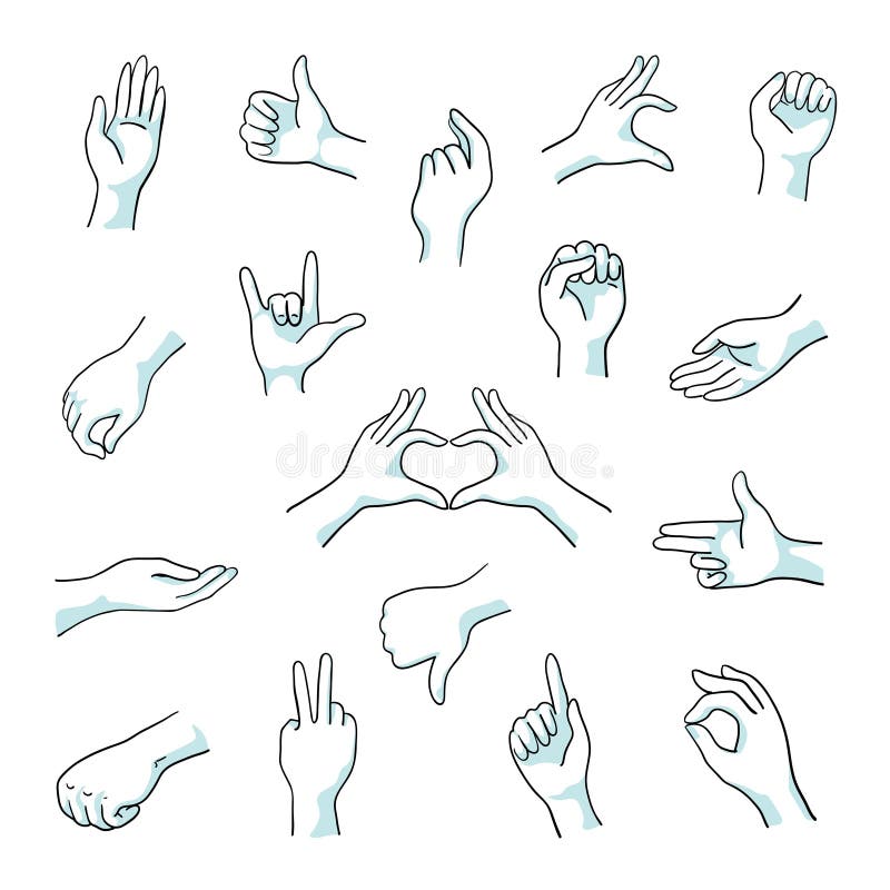 Doodle hand gestures. Finger fist and arm sketch line signs, numbers thumb up and like gestures. Vector hand drawn vector illustration