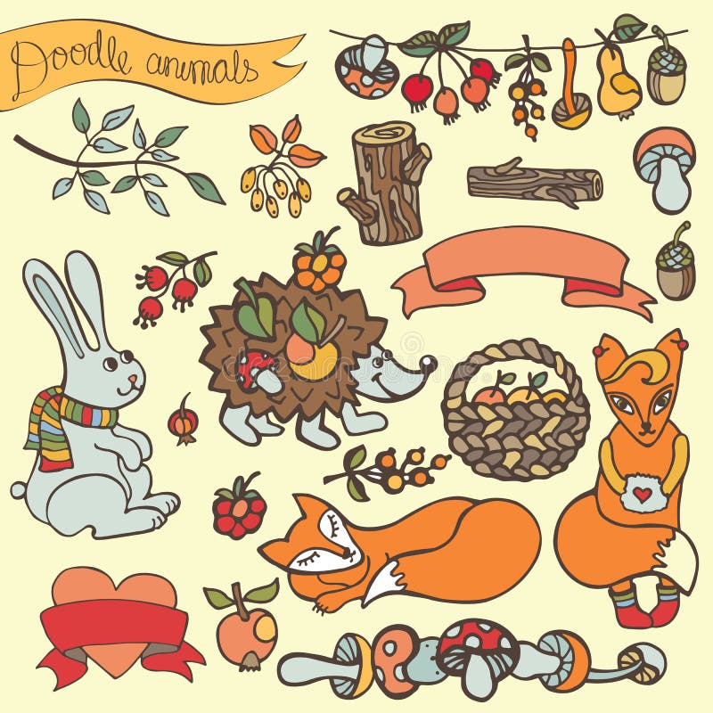 Doodle hedgehog,hare,fox,berries,mushrooms,wood,ribbon stock illustration Doodle hedgehog,hare,fox,berries,mushrooms,wood,ribbon stock illustration