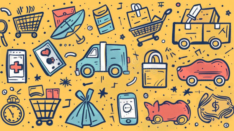Doodle icons for web retail shops, including baskets, gift boxes, bags, truck, piggy banks, price tags, phone numbers, and online support.. AI generated