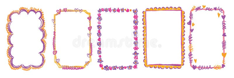 Doodle kids frame set scribble hand drawed border векторный школьный альбом фото украшения линия карань. иллюстрация вектора